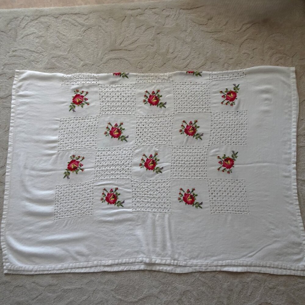 Vintage Handmade Tablecloth 76" x 55" + Nine Napkins Cross Stitch Floral Holiday